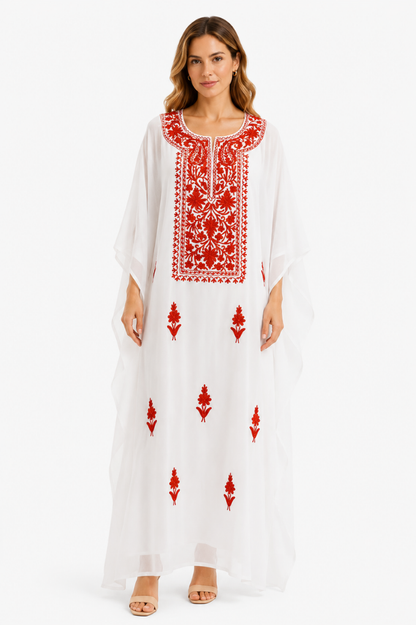 Crimson Floral Embroidered White Chiffon Kaftaan