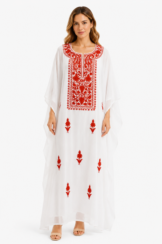 Crimson Floral Embroidered White Chiffon Kaftaan