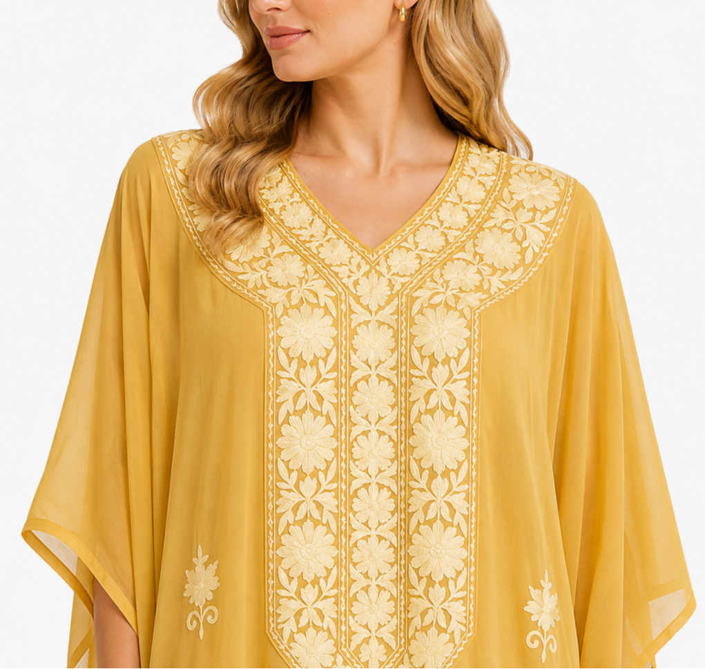 Golden Mustard Floral Embroidered Kaftan