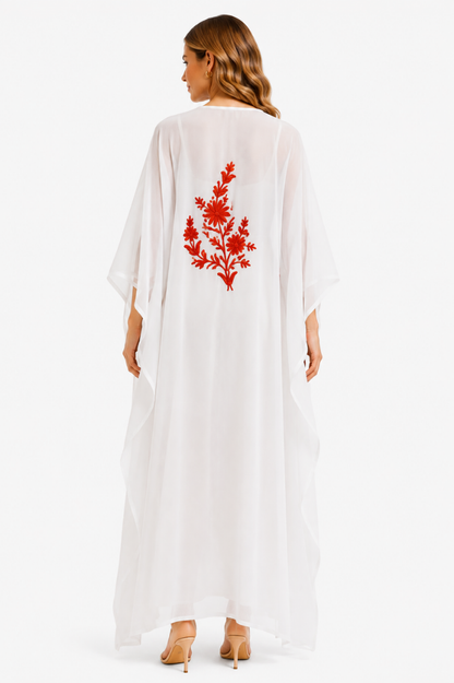 Crimson Floral Embroidered White Chiffon Kaftaan