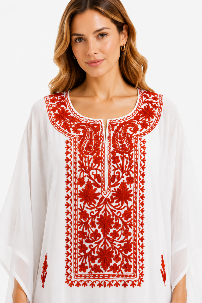 Crimson Floral Embroidered White Chiffon Kaftaan