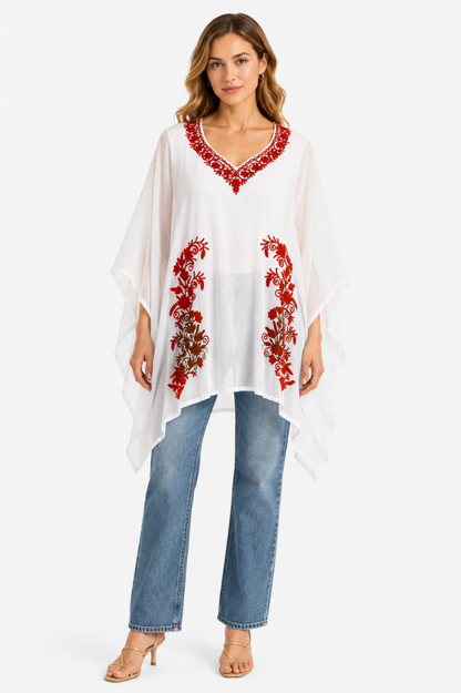 Ivory White Embroidered Kaftaan with Intricate Red Botanical Motifs