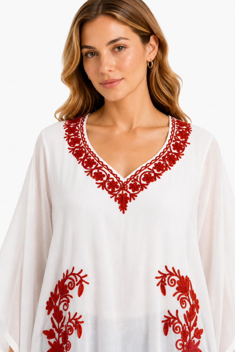 Ivory White Embroidered Kaftaan with Intricate Red Botanical Motifs