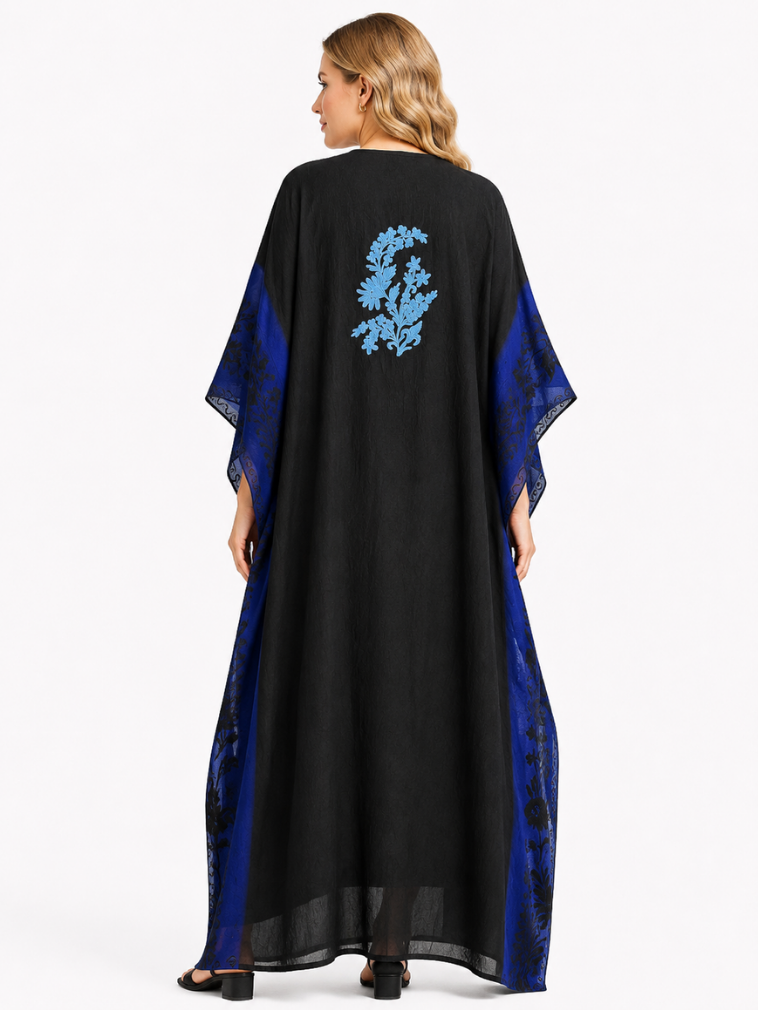 Midnight Sky Cotton Kaftan with Sapphire Blue Aari Embroidery