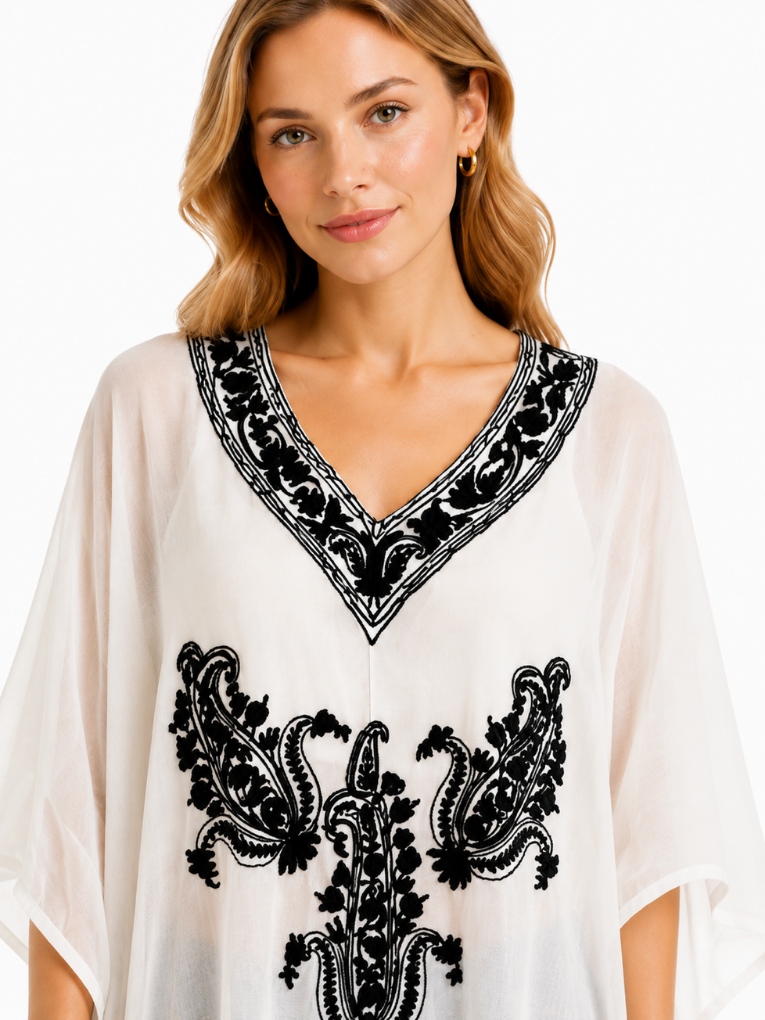 Ivory V-Neck Embroidered Short Kaftan