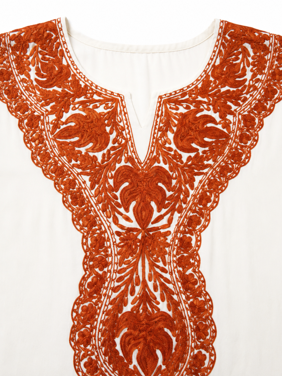 Vanilla Ivory Crepe Kaftan with Burnt Orange Aari Embroidery