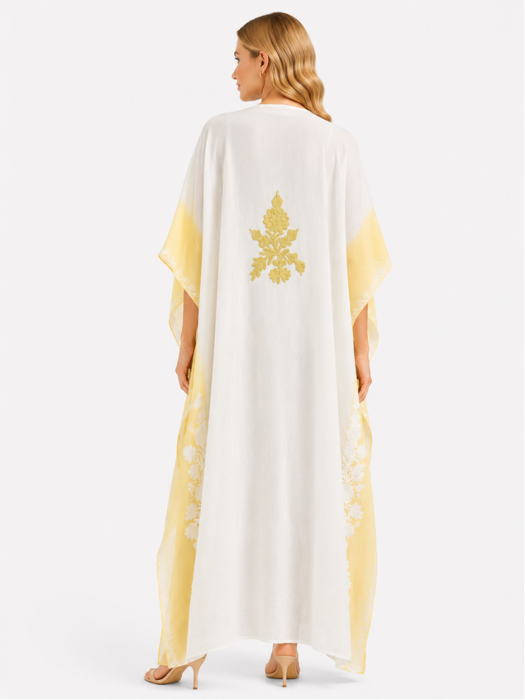 Ivory White & Golden Yellow Embroidered Kaftan with Intricate Floral Neckline and Side Border Detailing