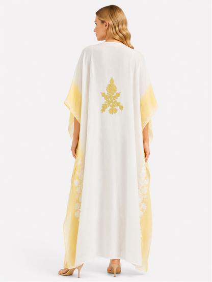Ivory White & Golden Yellow Embroidered Kaftan with Intricate Floral Neckline and Side Border Detailing