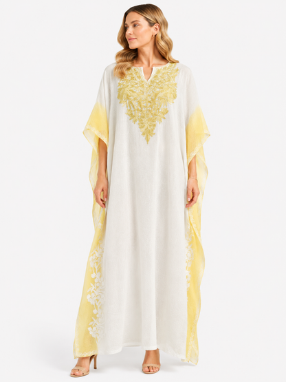 Ivory White & Golden Yellow Embroidered Kaftan with Intricate Floral Neckline and Side Border Detailing