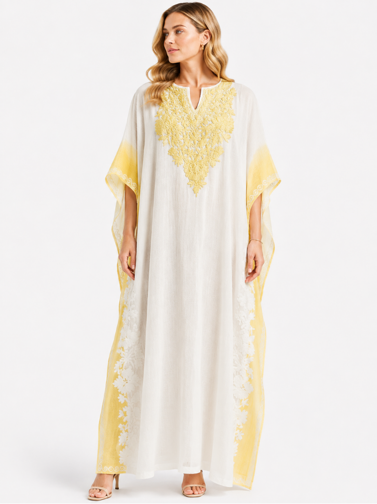 Ivory White Kaftan with Intricate Pale-Gold Floral Embroidery, V-Neckline Detailing and Yellow Ombré Sleeves