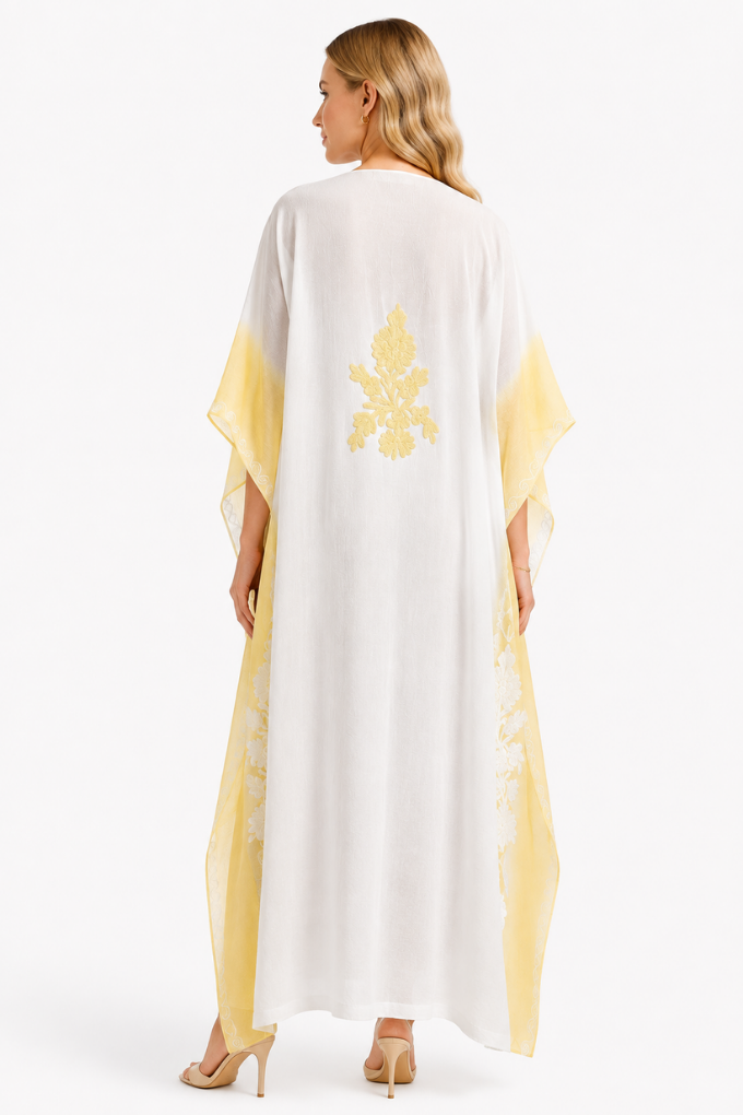 Ivory White Kaftan with Intricate Pale-Gold Floral Embroidery, V-Neckline Detailing and Yellow Ombré Sleeves