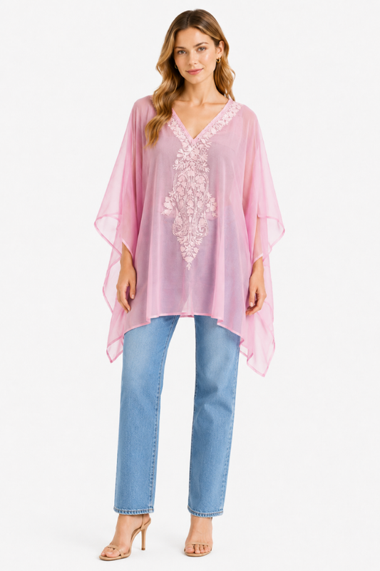 Blush Pink Floral Embroidered  Short Kaftaan with V-Neck Detailing