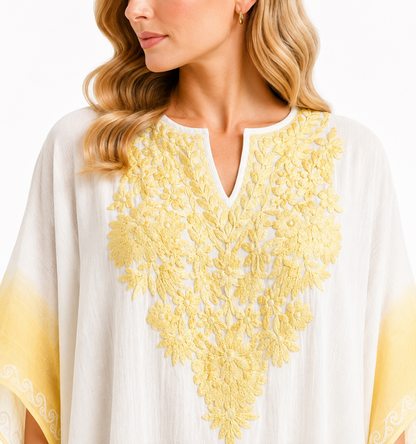 Ivory White Kaftan with Intricate Pale-Gold Floral Embroidery, V-Neckline Detailing and Yellow Ombré Sleeves