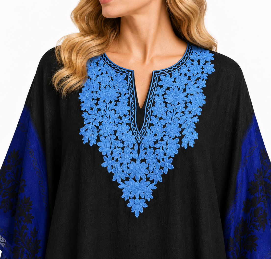 Midnight Sky Cotton Kaftan with Sapphire Blue Aari Embroidery