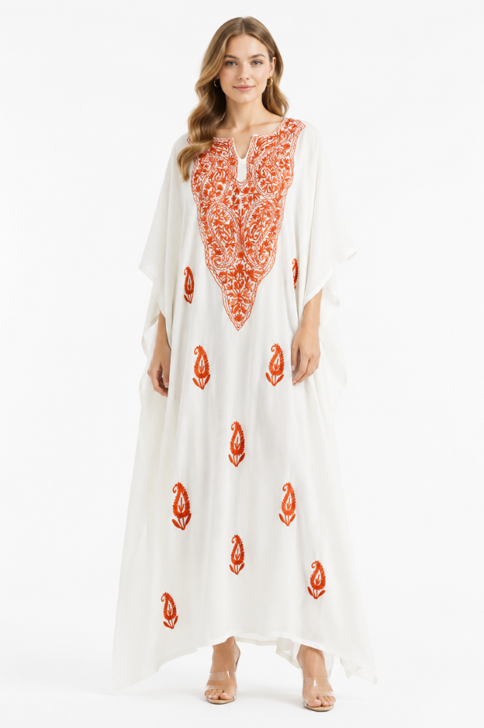 Ivory Grace Crepe Kaftan with Rust Bloom Aari Embroidery