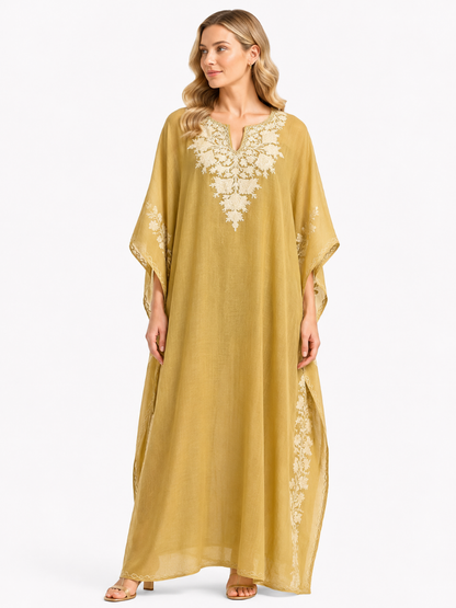 Sunbeam Gold Cotton Kaftan with Ivory Aari Embroidery
