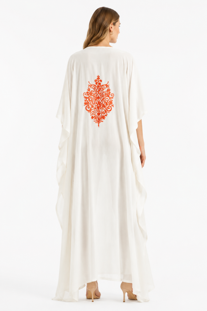 Ivory Grace Crepe Kaftan with Rust Bloom Aari Embroidery