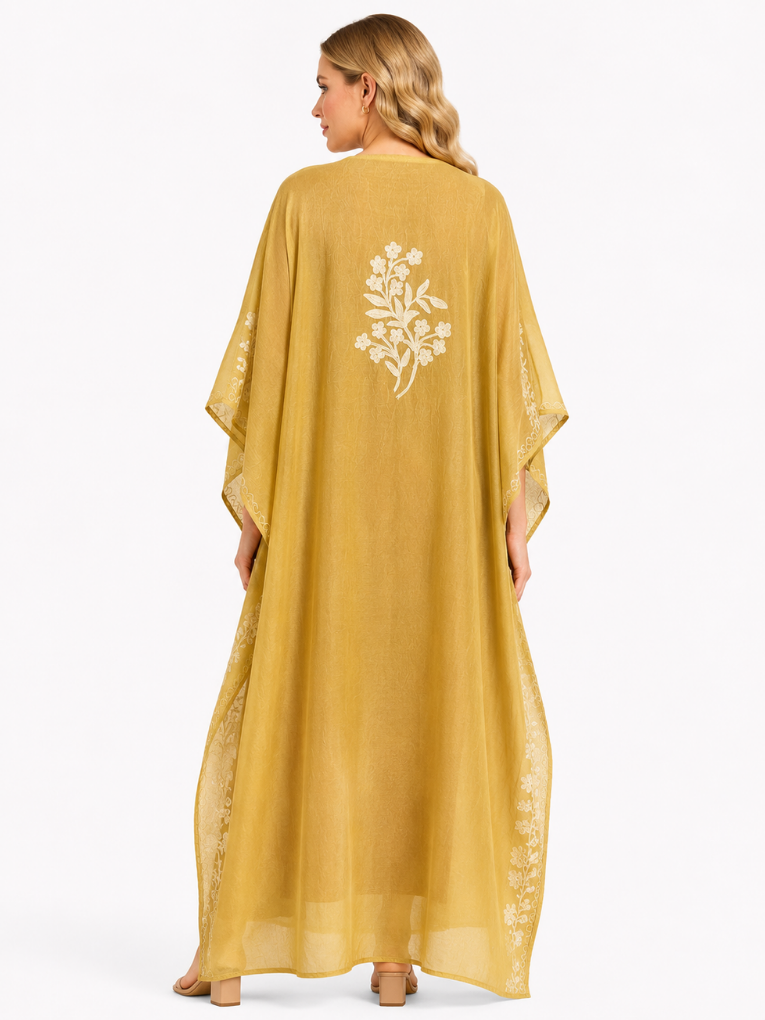 Sunbeam Gold Cotton Kaftan with Ivory Aari Embroidery