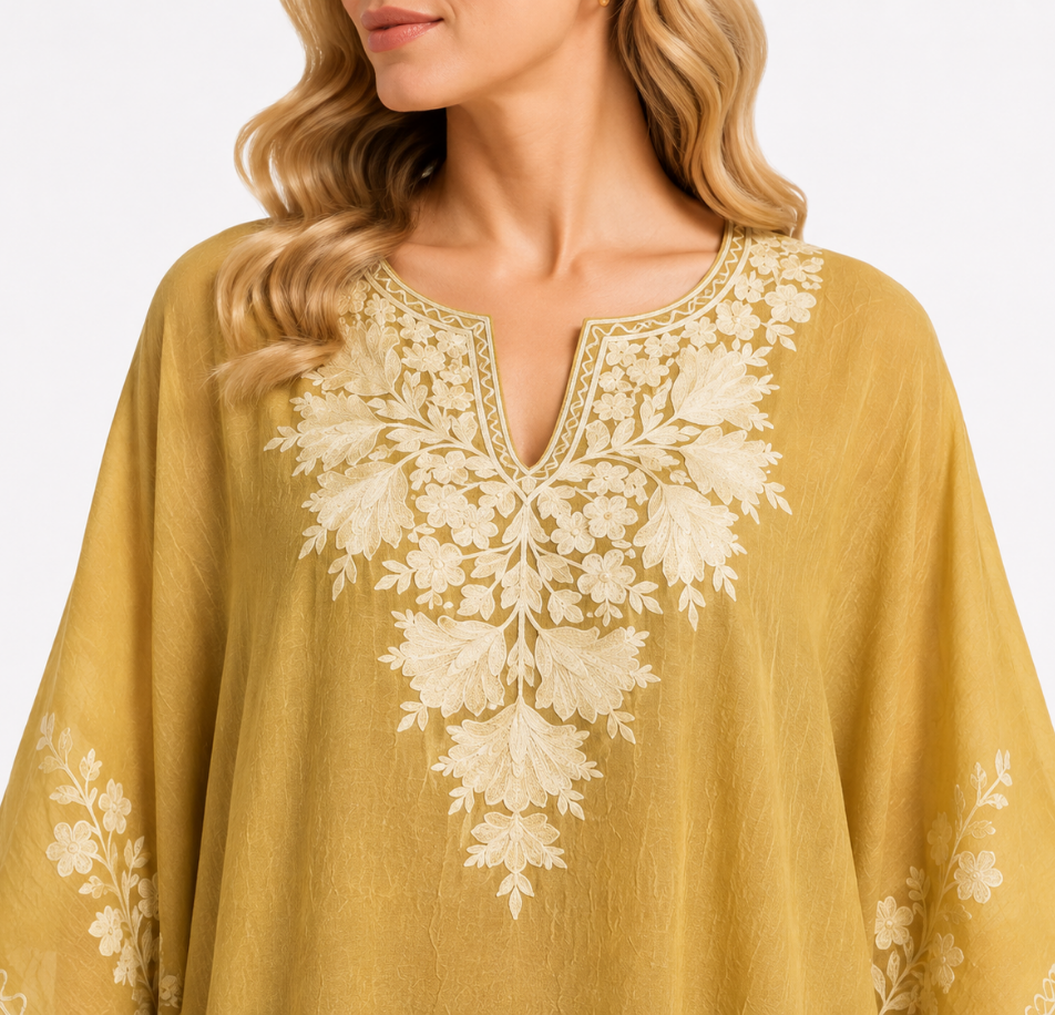 Sunbeam Gold Cotton Kaftan with Ivory Aari Embroidery