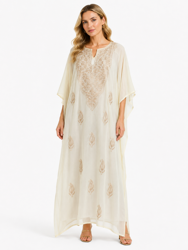 Graceful Ivory Embroidered Kaftaan with Ornate Neckline and Floral Motif Detailing