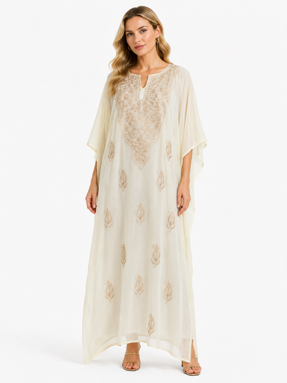 Graceful Ivory Embroidered Kaftaan with Ornate Neckline and Floral Motif Detailing