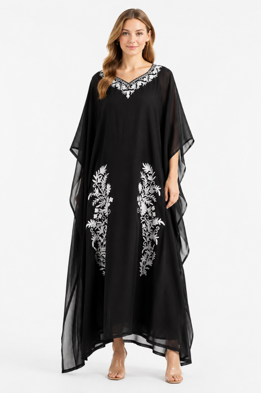 Midnight Noir Chiffon Kaftan with Pearl White Aari Embroidery