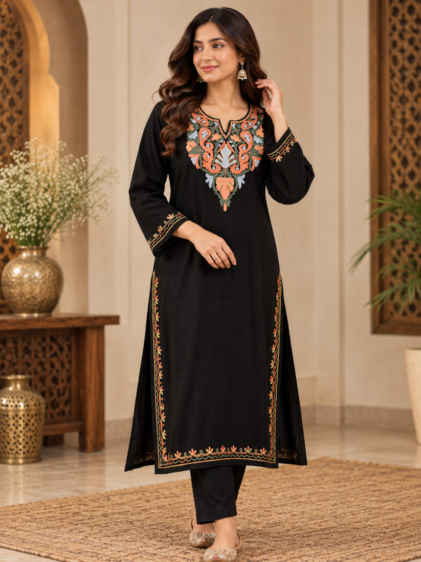 Black Kashmiri Pheran with  Embroidery | Aari Embroidered Wool Phiran