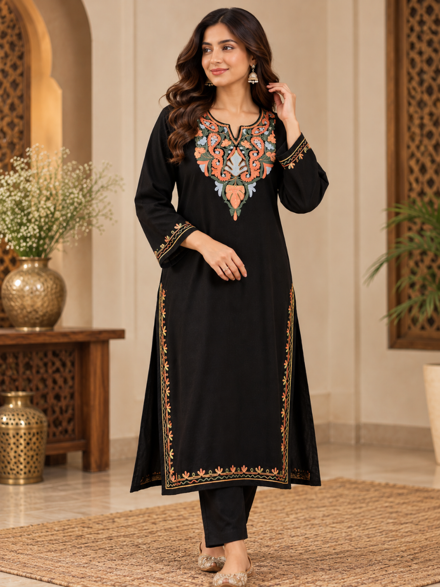 Black Kashmiri Pheran with  Embroidery | Aari Embroidered Wool Phiran