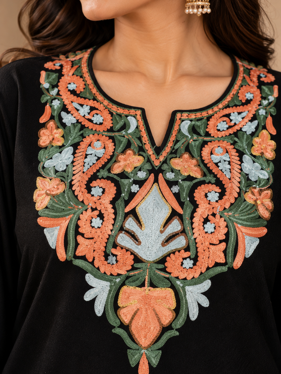 Black Kashmiri Pheran with  Embroidery | Aari Embroidered Wool Phiran