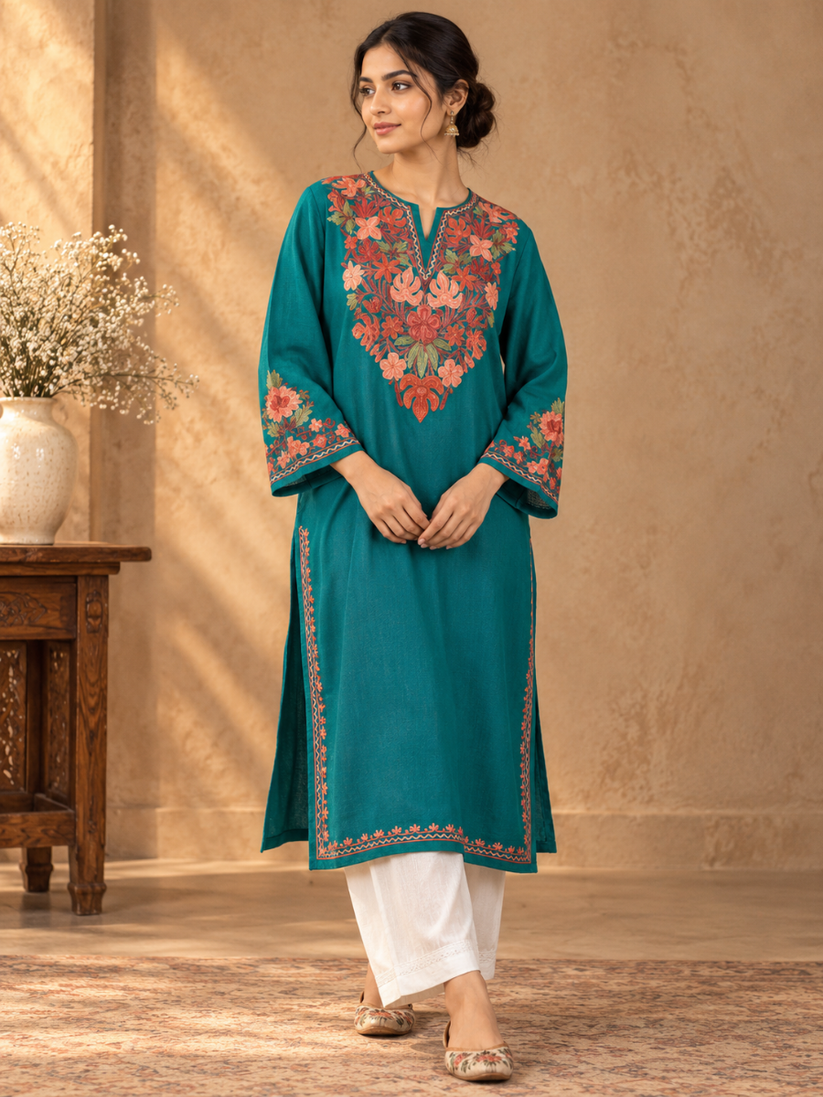 Teal Kashmiri Pheran with  Embroidery | Manual Aari Embroidered Wool Phiran