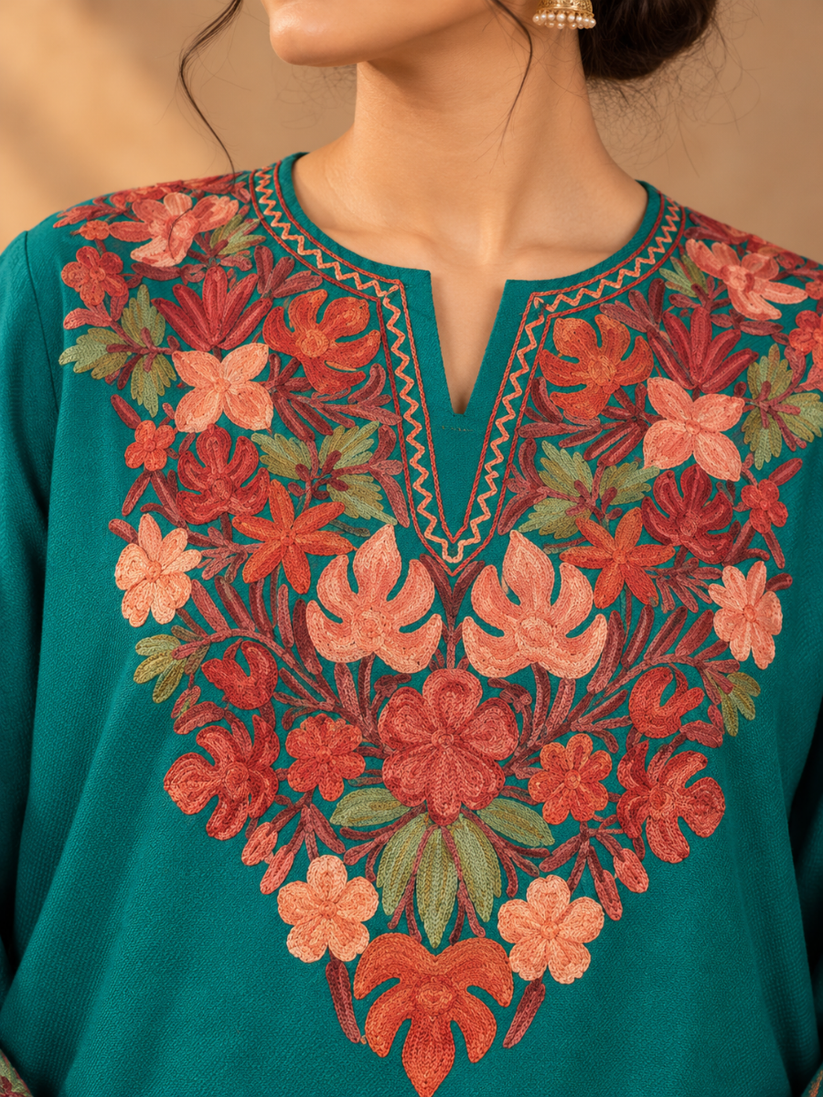 Teal Kashmiri Pheran with  Embroidery | Manual Aari Embroidered Wool Phiran