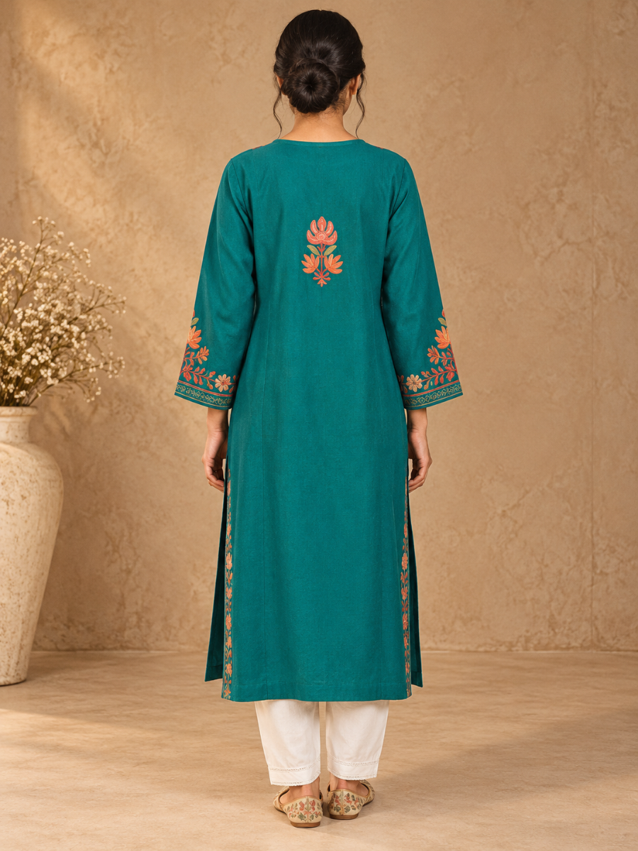 Teal Kashmiri Pheran with  Embroidery | Manual Aari Embroidered Wool Phiran