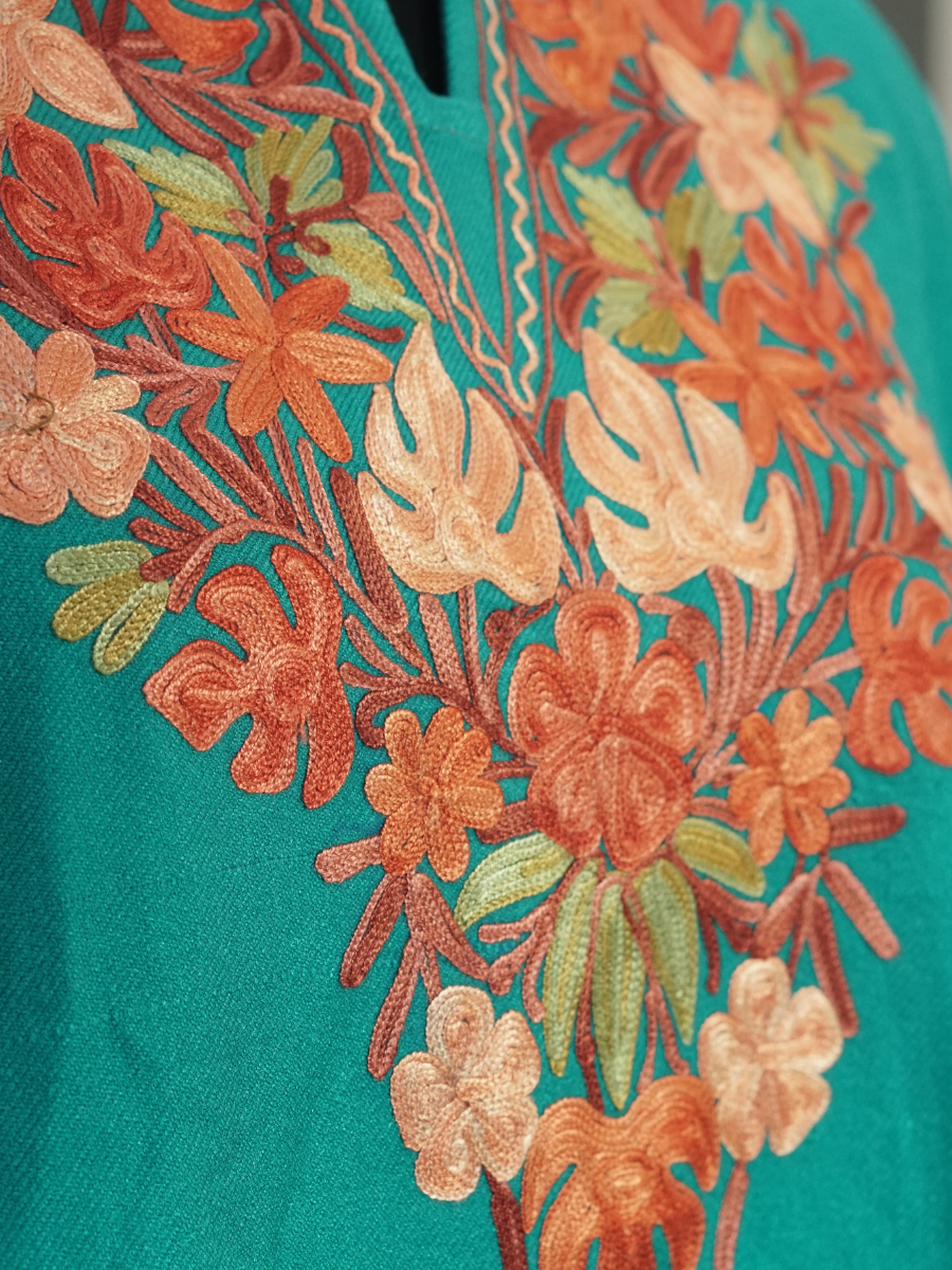 Teal Kashmiri Pheran with  Embroidery | Manual Aari Embroidered Wool Phiran