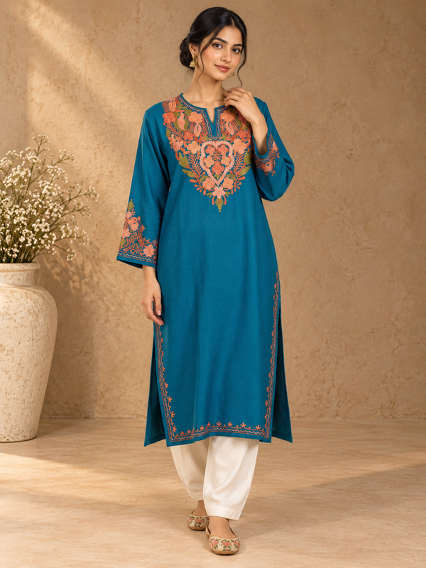 Blue Kashmiri Pheran with  Embroidery | Manual Aari Embroidered Wool Phiran