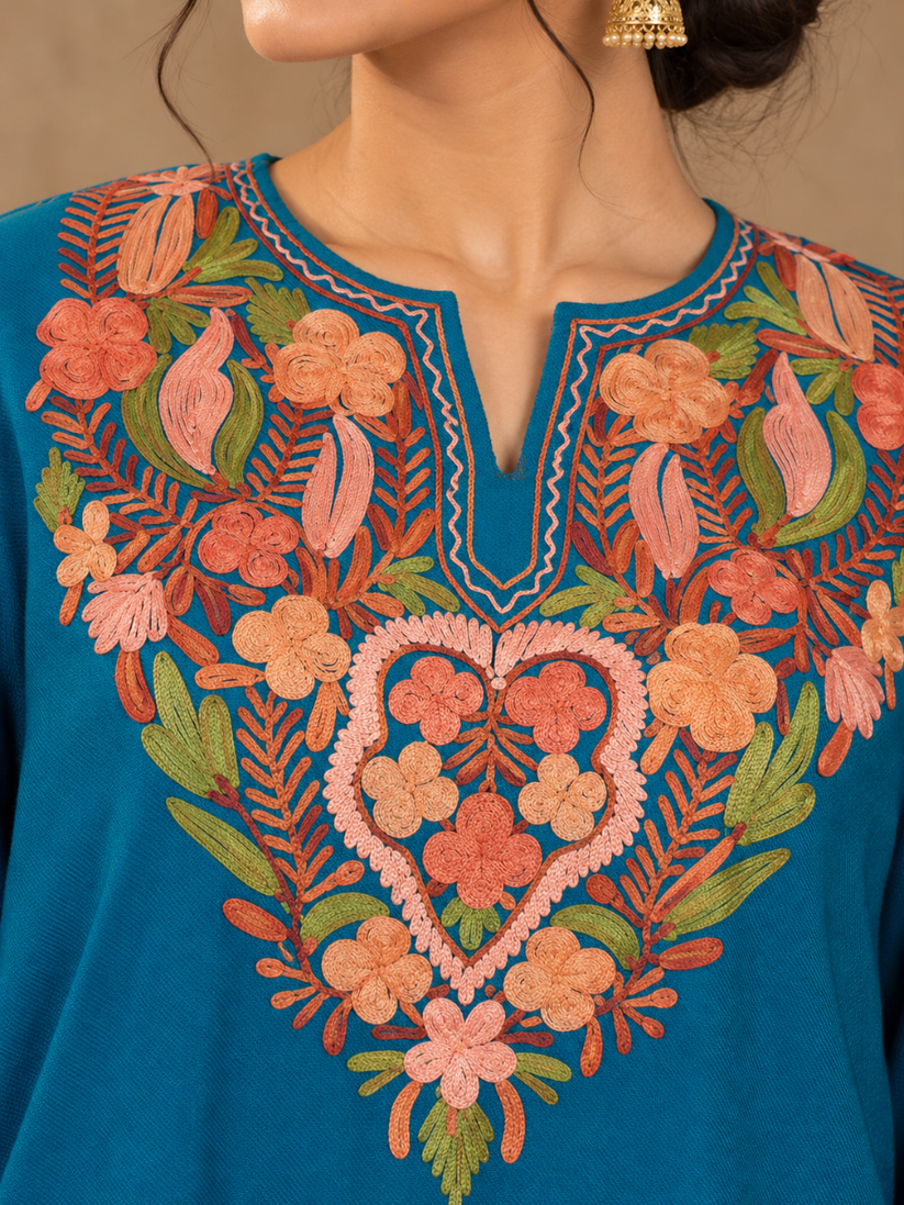 Teal Blue Kashmiri Pheran with Orange Floral Embroidery | Manual Aari Embroidered Wool Phiran