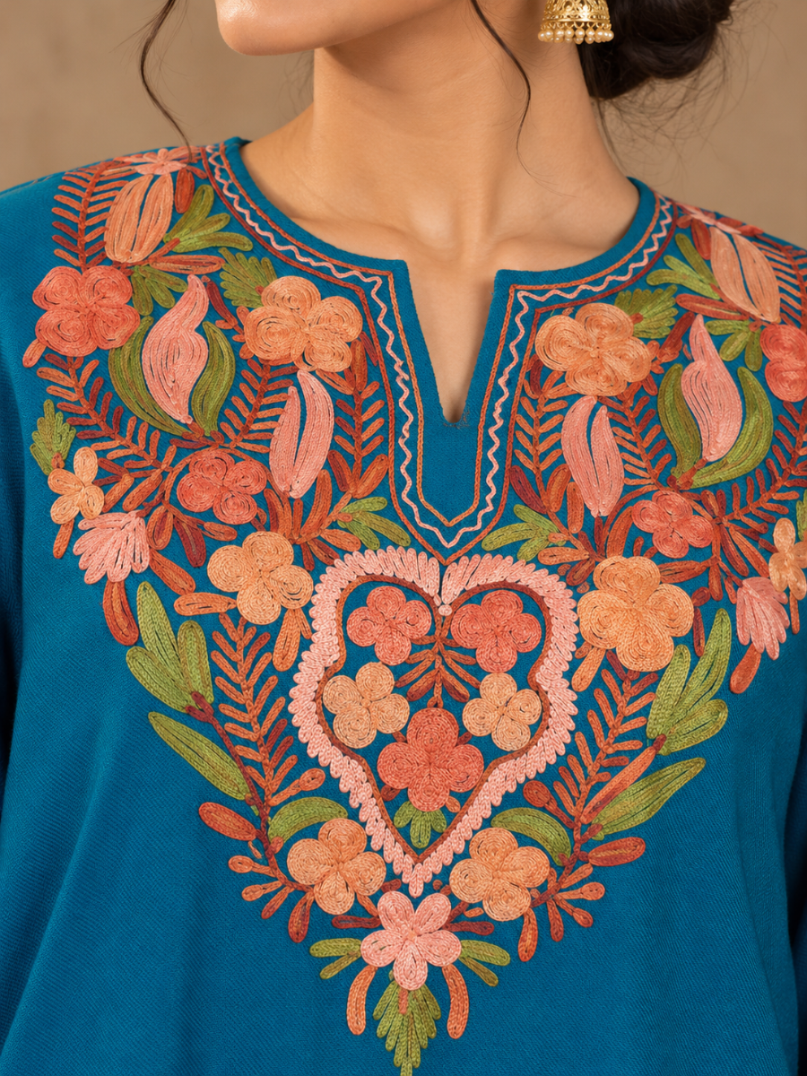 Teal Blue Kashmiri Pheran with Orange Floral Embroidery | Manual Aari Embroidered Wool Phiran