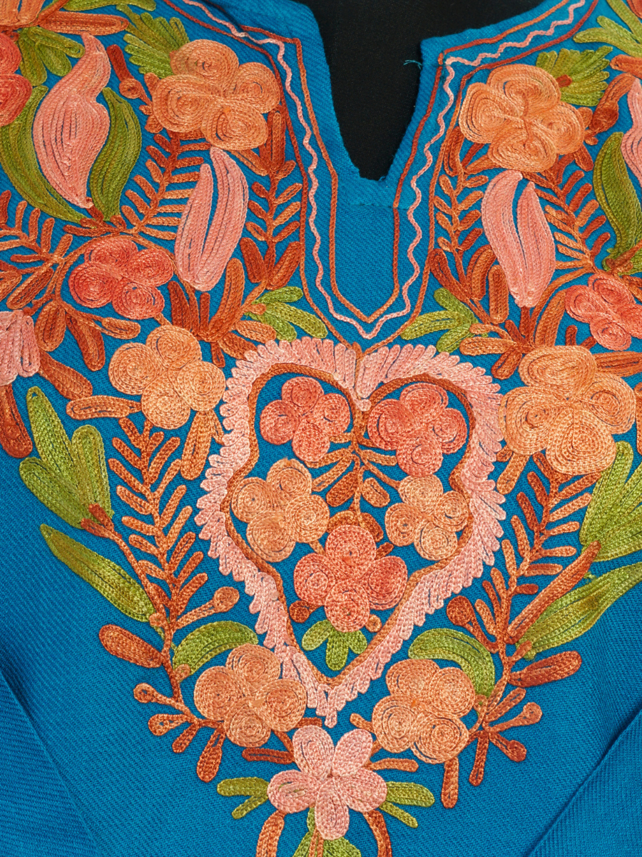 Teal Blue Kashmiri Pheran with Orange Floral Embroidery | Manual Aari Embroidered Wool Phiran