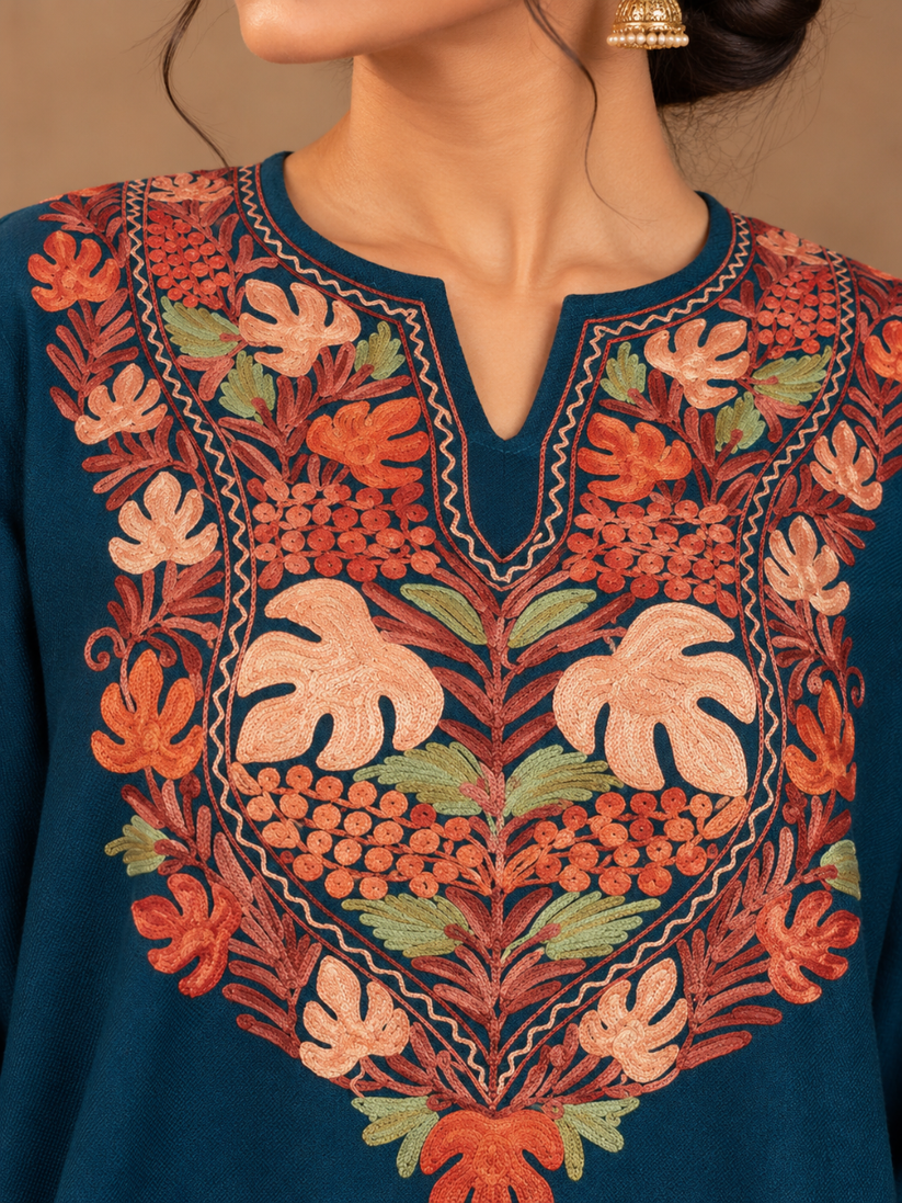 Blue Kashmiri Pheran with  Embroidery | Manual Aari Embroidered Wool Phiran