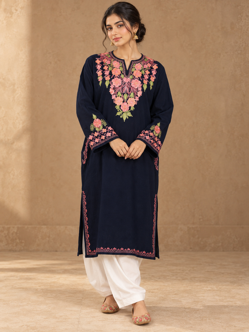 Blue Kashmiri Pheran with  Embroidery | Manual Aari Embroidered Wool Phiran