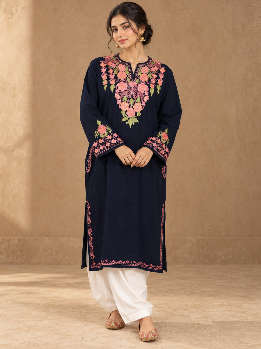 Blue Kashmiri Pheran with  Embroidery | Manual Aari Embroidered Wool Phiran