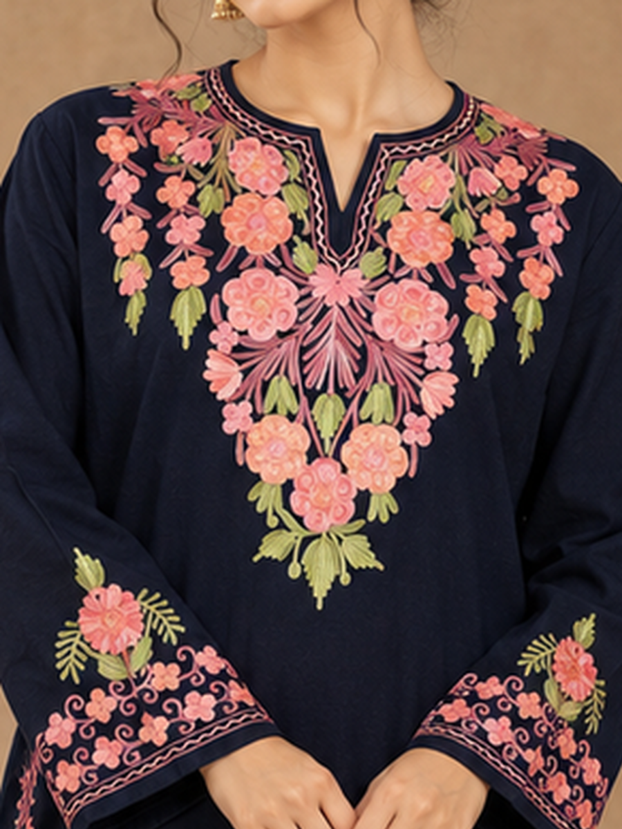 Blue Kashmiri Pheran with  Embroidery | Manual Aari Embroidered Wool Phiran