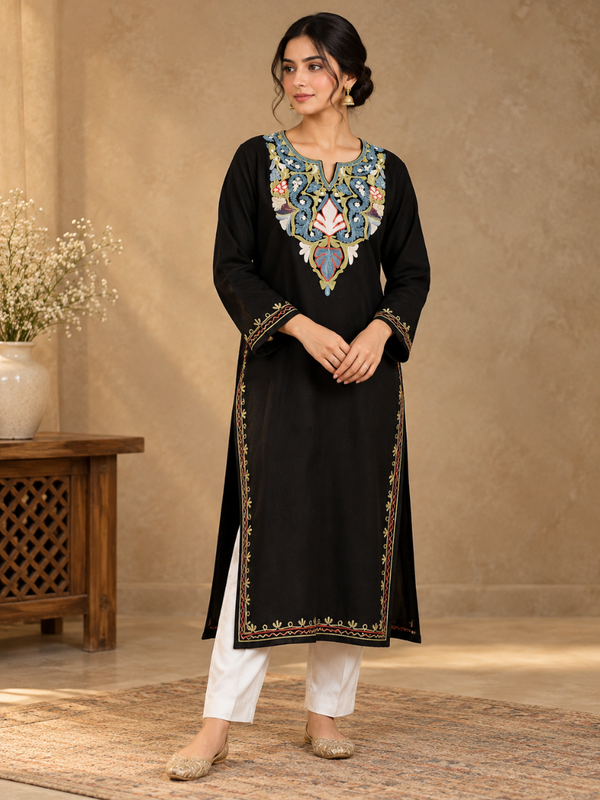 Black Kashmiri Pheran with  Embroidery | Aari Embroidered Wool Phiran
