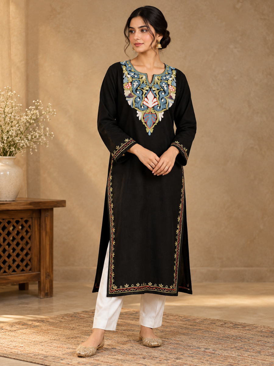 Black Kashmiri Pheran with  Embroidery | Aari Embroidered Wool Phiran