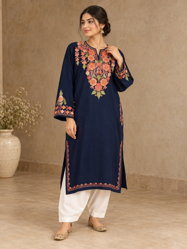 Blue Kashmiri Pheran with  Embroidery | Manual Aari Embroidered Wool Phiran