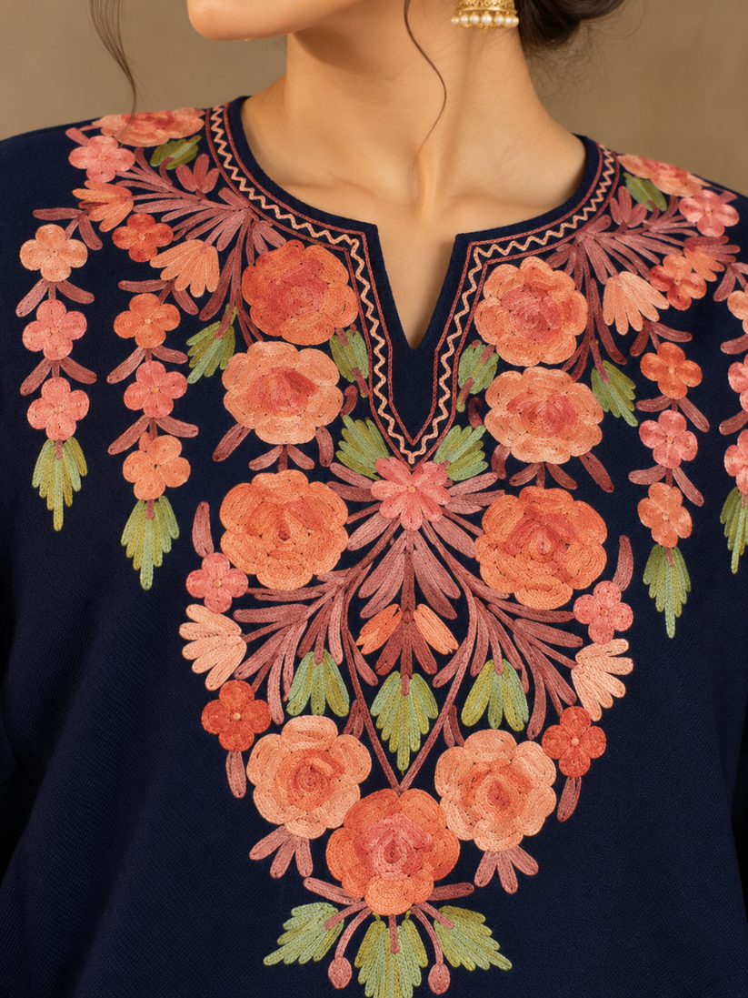 Blue Kashmiri Pheran with  Embroidery | Manual Aari Embroidered Wool Phiran