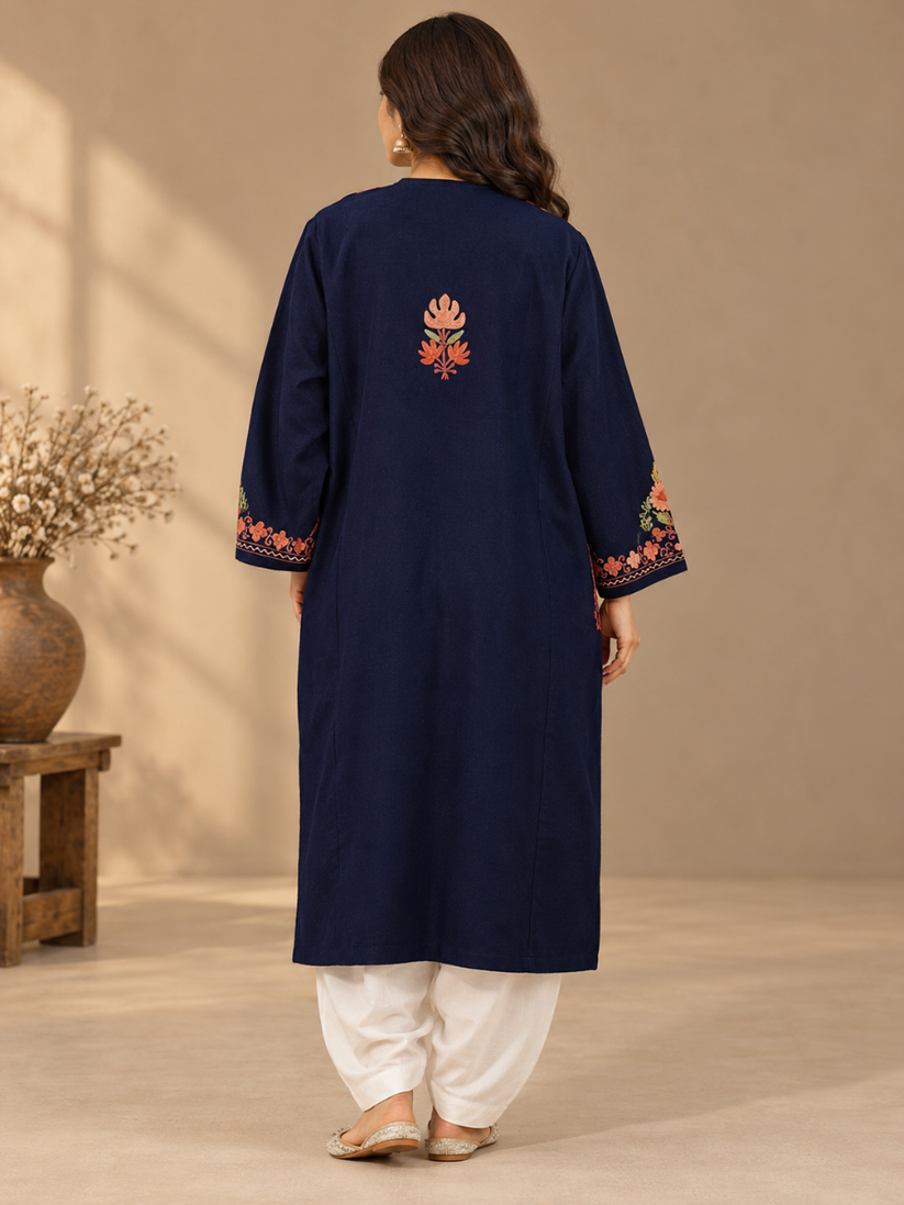 Blue Kashmiri Pheran with  Embroidery | Manual Aari Embroidered Wool Phiran