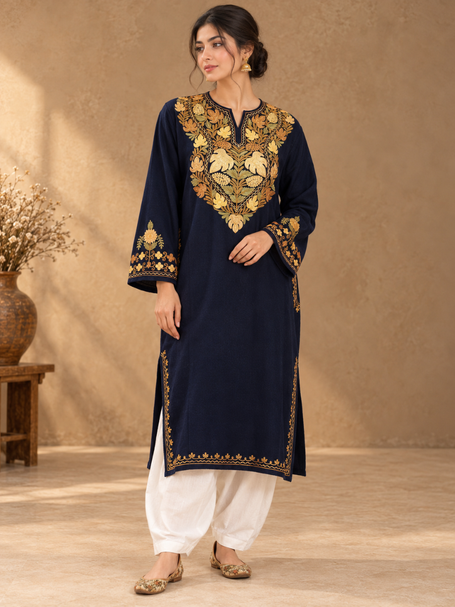 Navy Blue Kashmiri Pheran with Golden Chinar Embroidery – KAARKASH