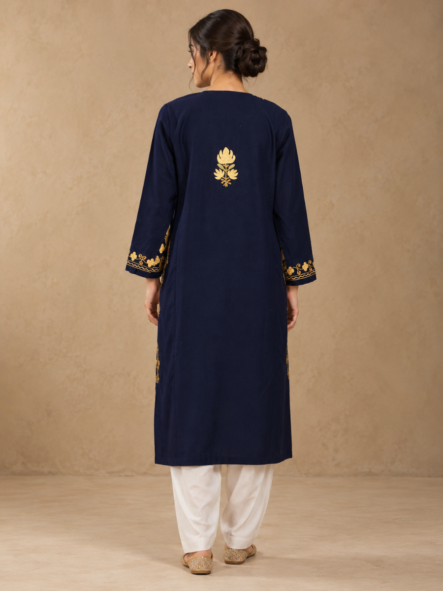 Navy Blue Kashmiri Pheran with Golden Chinar Embroidery – KAARKASH