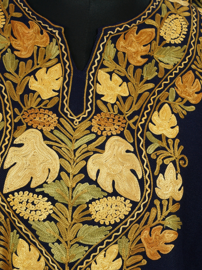 Navy Blue Kashmiri Pheran with Golden Chinar Embroidery – KAARKASH