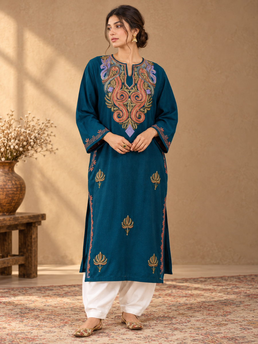 Teal Kashmiri Pheran with  Floral Embroidery | Aari Embroidered Wool Phiran